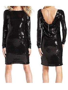 Michael Kors Black Sequin Draped Neck Long Sleeve Dress